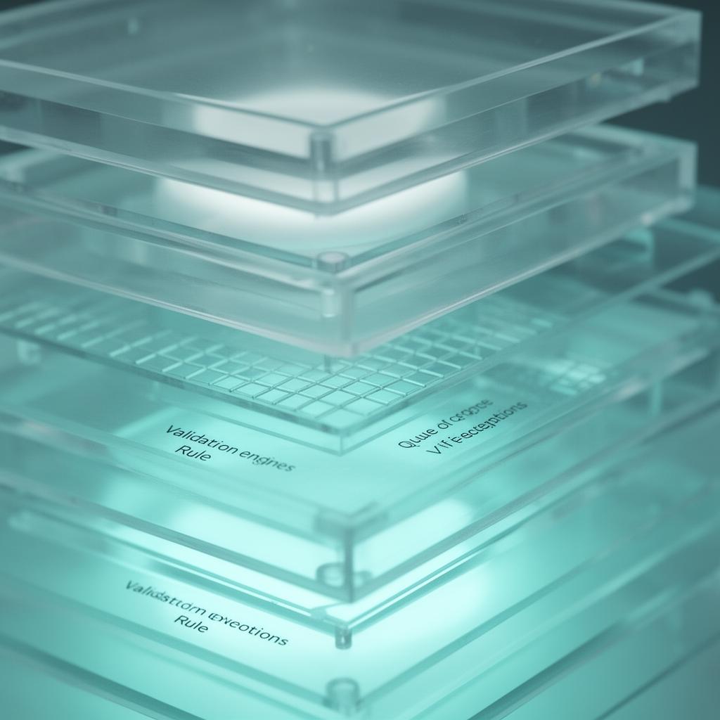 Estrutura de camadas de acrílico com luz ciano, ilustrando a arquitetura modular de integrações e filas de exceção.