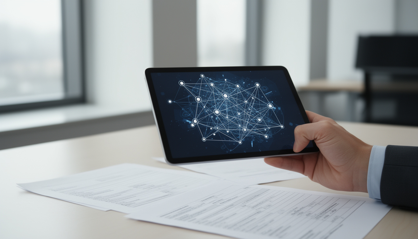 Mão segurando um tablet com diagrama de rede sobre documentos físicos em uma mesa de escritório moderna.