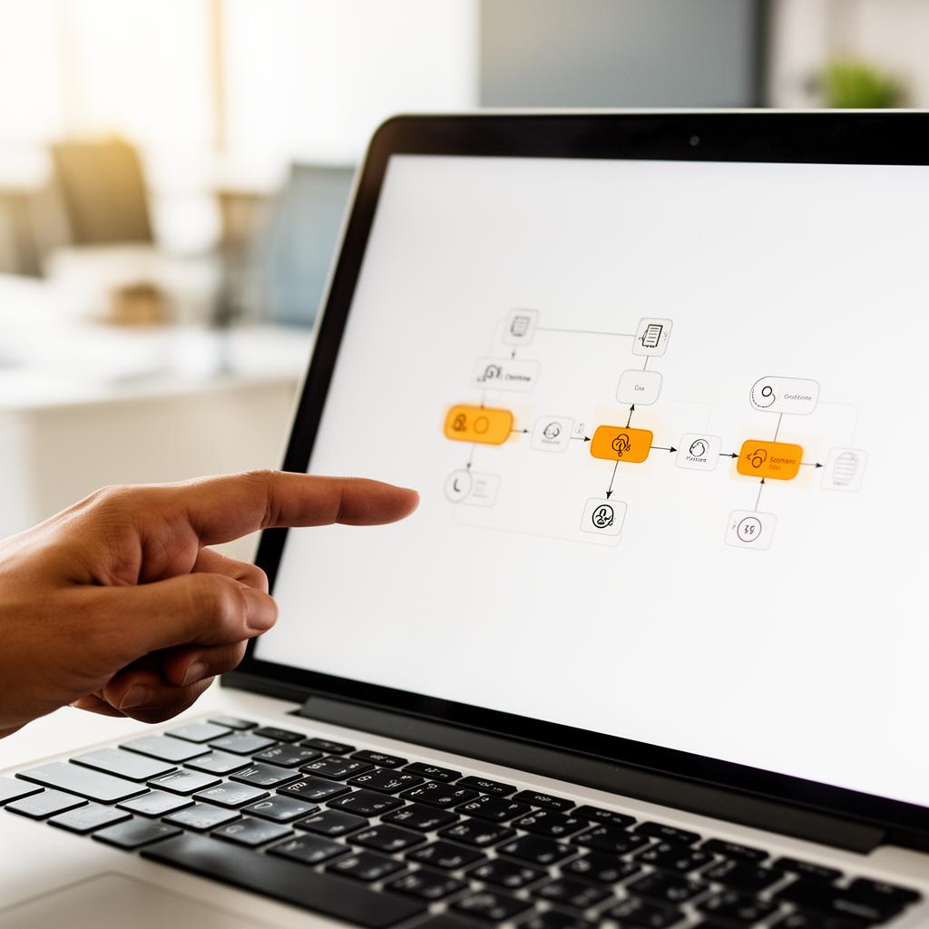 Mãos analisando um diagrama de fluxo de dados em uma tela de laptop, destacando pontos de inconsistência