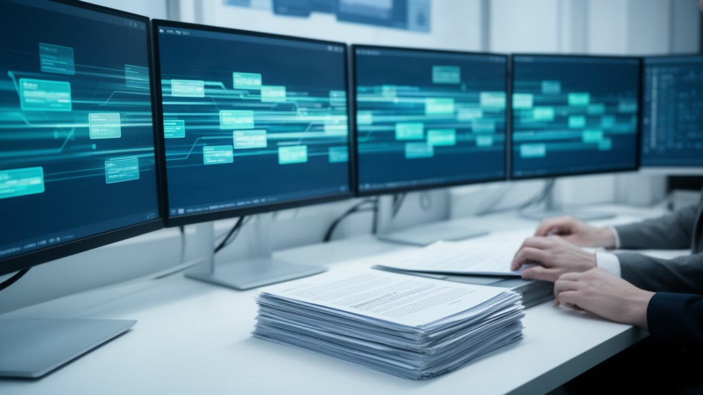 Ambiente de trabalho organizado com telas exibindo fluxo de dados automatizado e documentos sendo processados