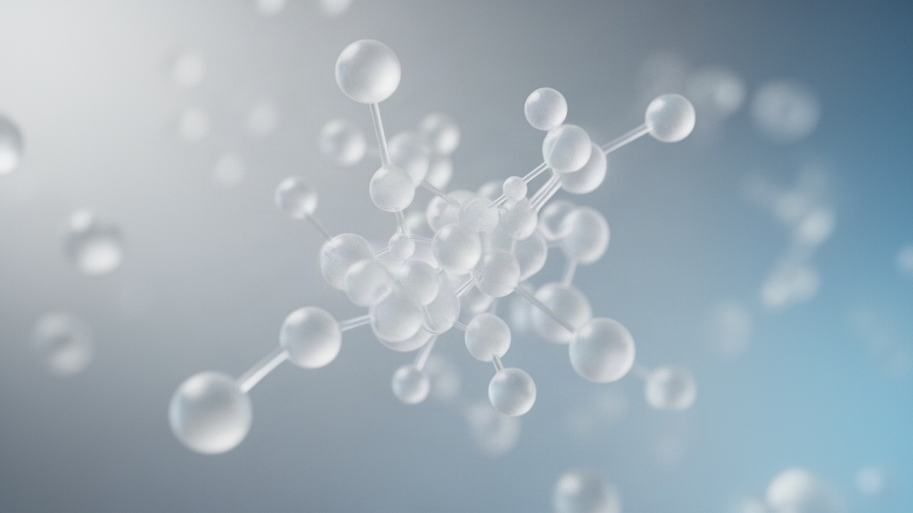 Ilustração abstrata de estrutura molecular de creatina, representando o mecanismo de ação e absorção em ambiente limpo.