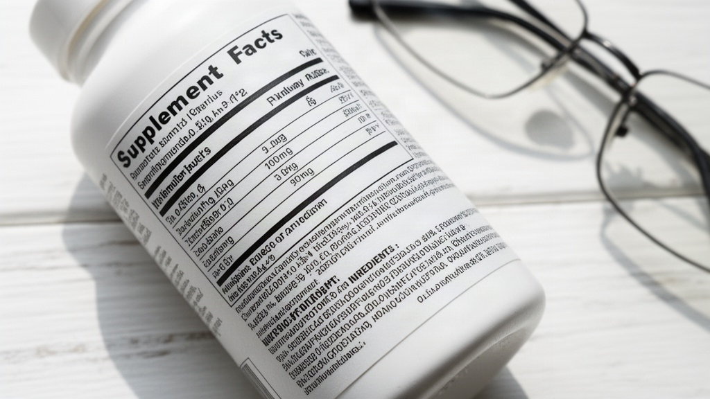 Foco detalhado em um rótulo de suplemento alimentar, mostrando a lista de ingredientes e informações nutricionais, com um par de óculos ao lado, simbolizando a análise criteriosa do produto.