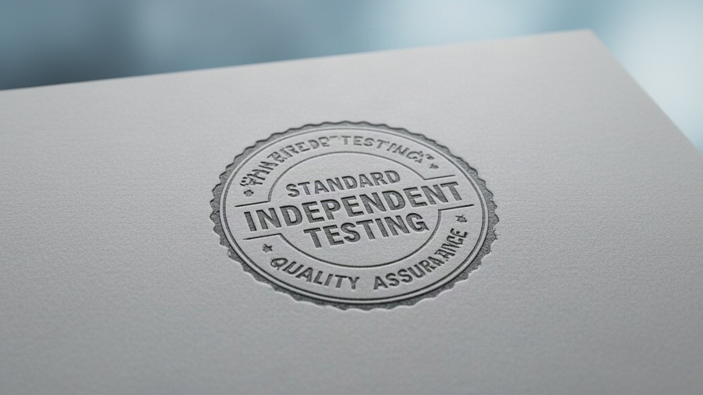 Representação visual de um selo de certificação de qualidade sobre uma superfície neutra, simbolizando verificação independente e padrões de pureza em suplementos, sem marcas identificáveis.