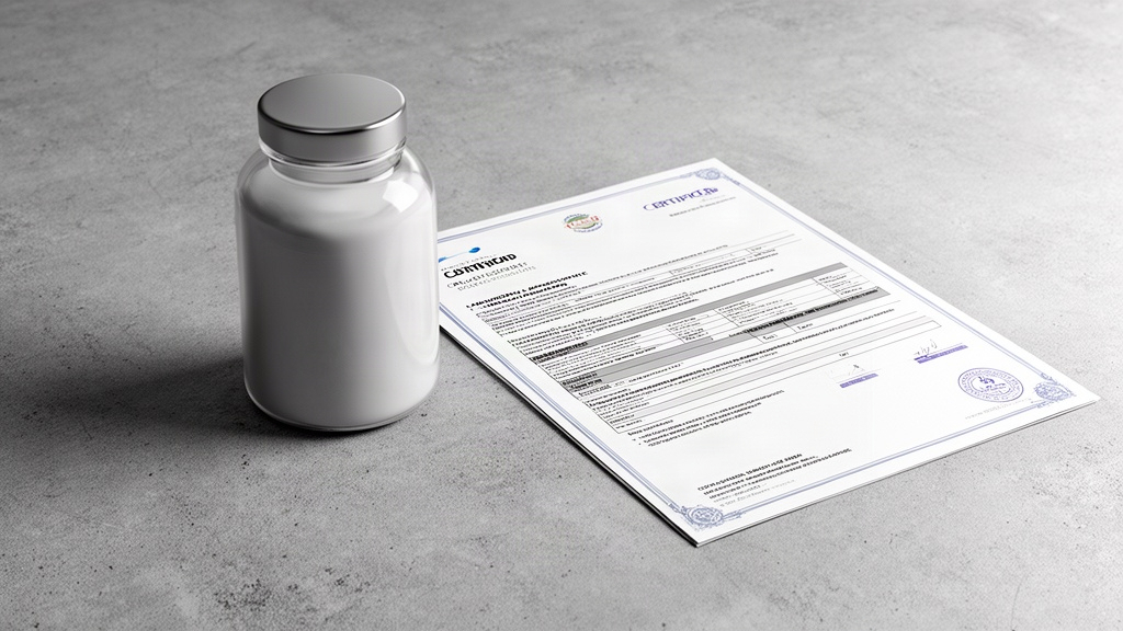 Garrafa de suplemento ao lado de um documento que simula um laudo técnico ou certificado de qualidade.