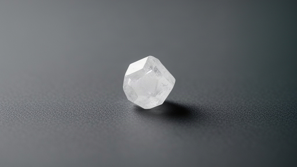 Macro fotografia de um cristal de creatina monoidratada em fundo cinza escuro, representando a base molecular e científica do suplemento.