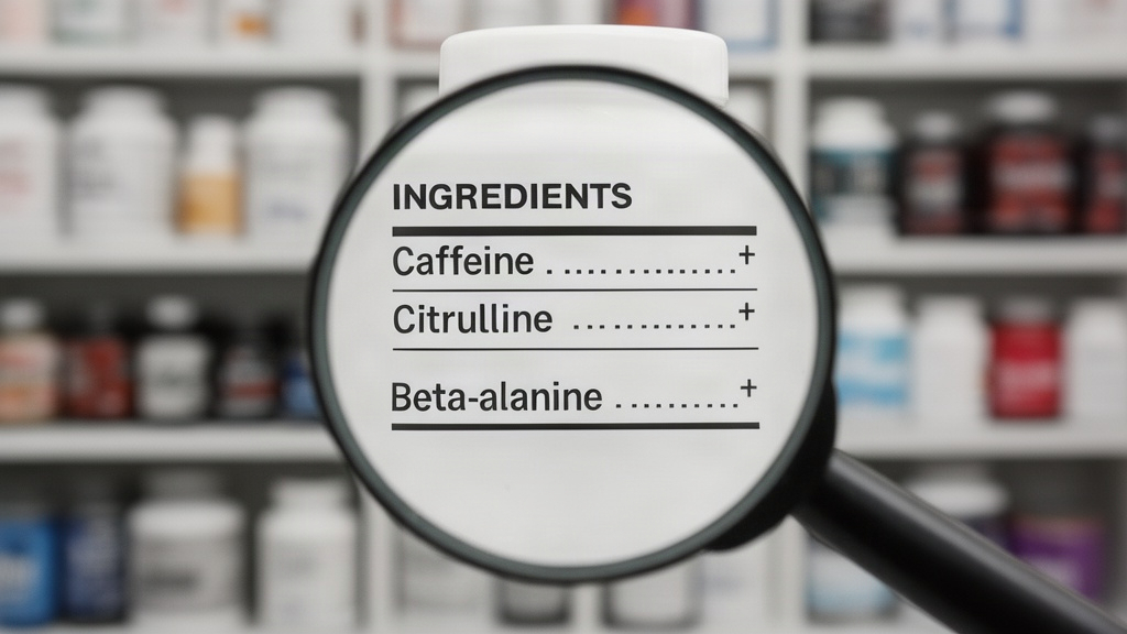 Close-up de uma lupa sobre uma lista genérica de ingredientes em rótulo de suplemento, simbolizando a verificação da composição