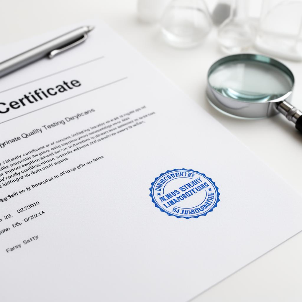 Documento de certificado de qualidade ou selo de laboratório em close-up sobre superfície branca, representando a verificação independente e a transparência na análise de suplementos.
