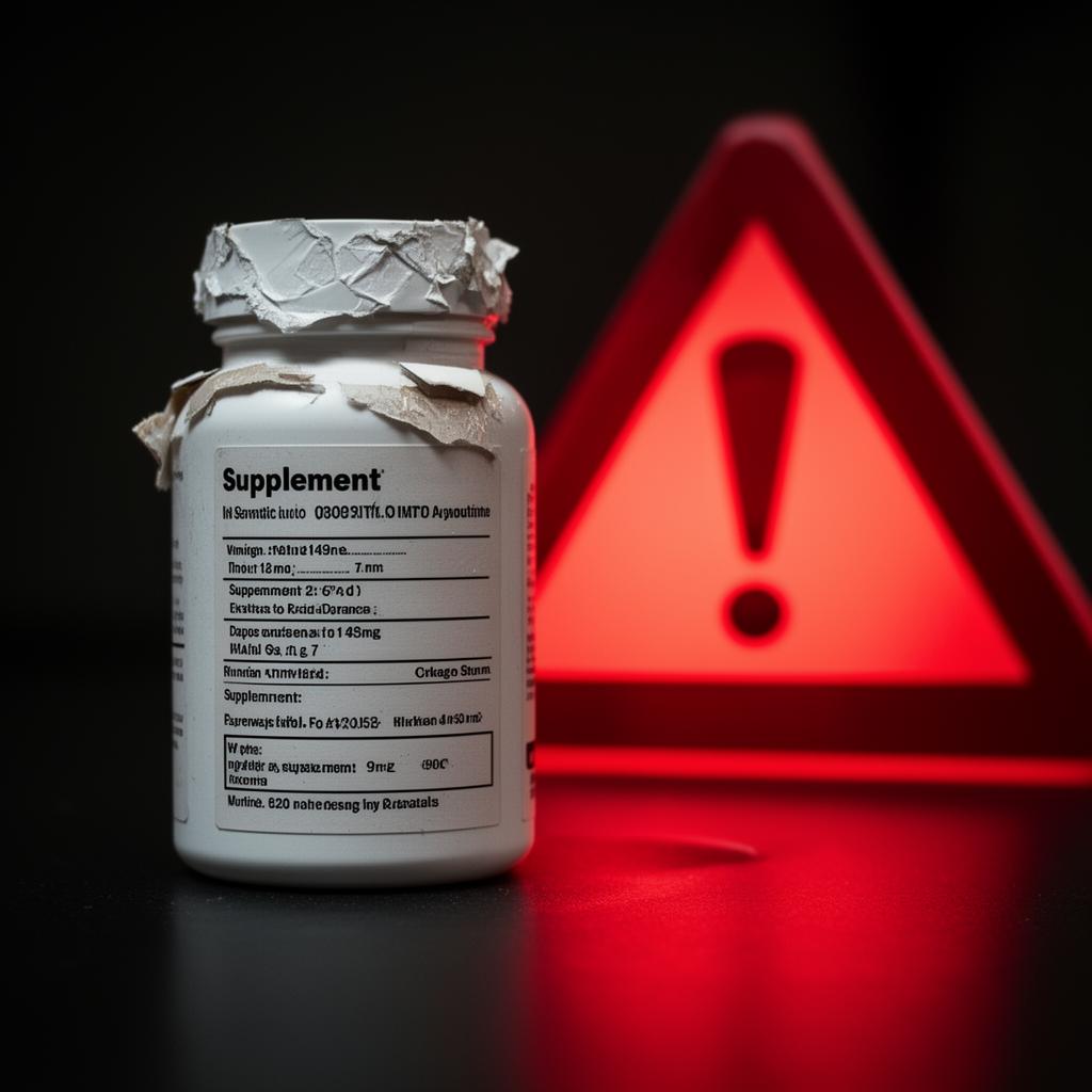 Embalagem de suplemento com sinais de violação ou imperfeições visíveis, iluminada de forma dramática para destacar defeitos que indicam falta de segurança ou procedência duvidosa.
