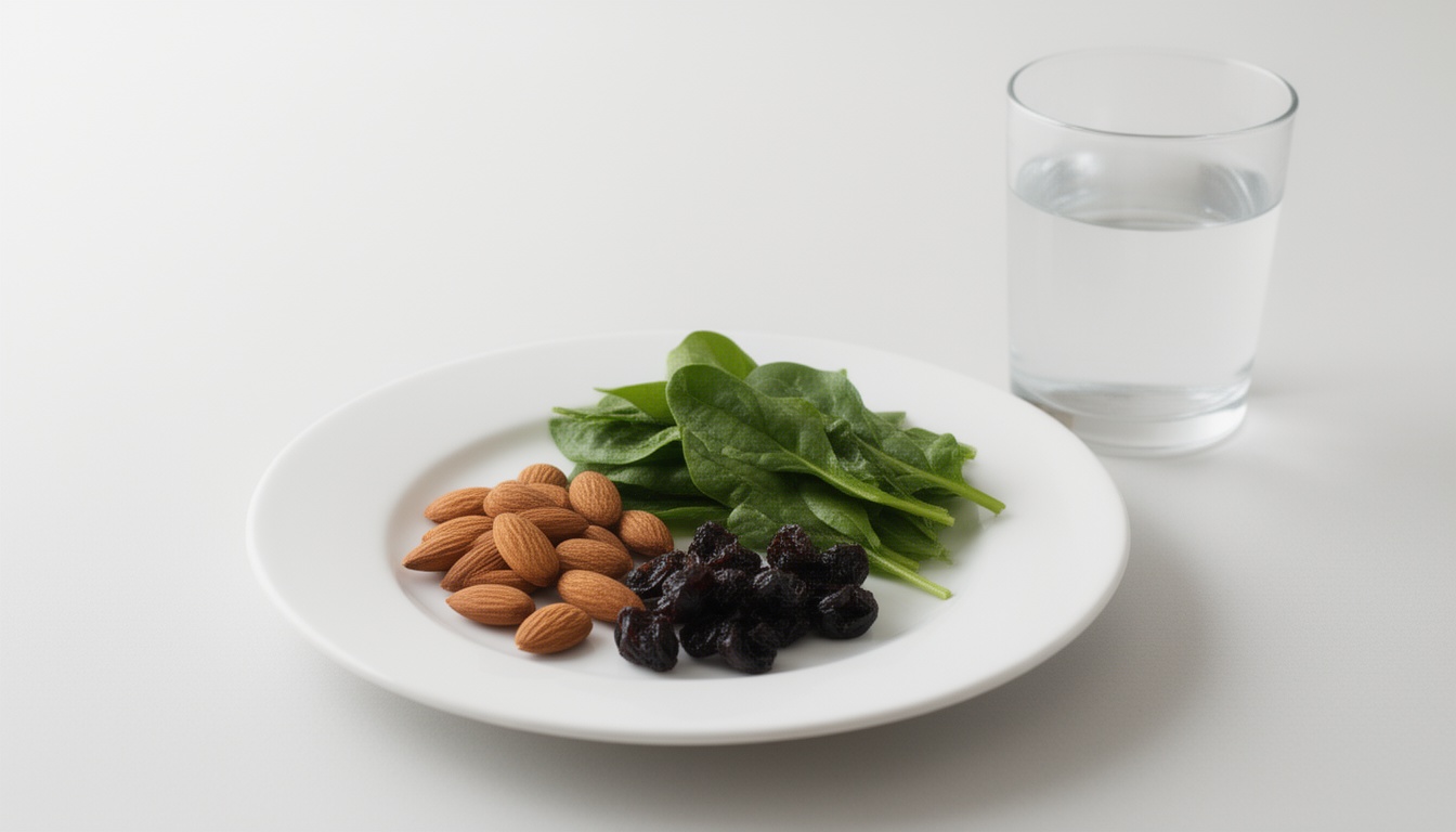 Prato minimalista com alimentos integrais e água, simbolizando alimentação equilibrada e escolhas seguras