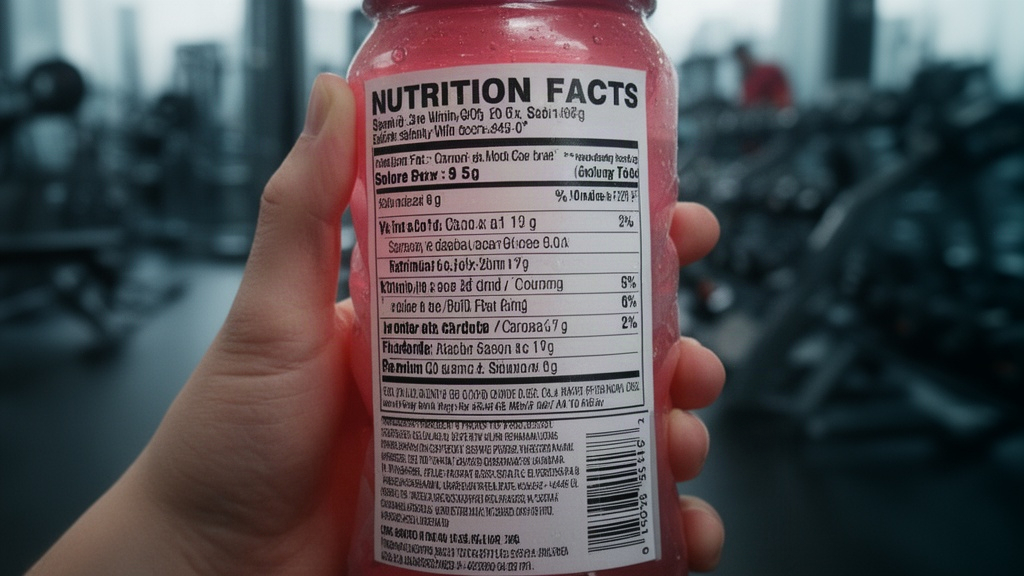 Mão lendo o rótulo nutricional de uma bebida esportiva com atenção aos ingredientes