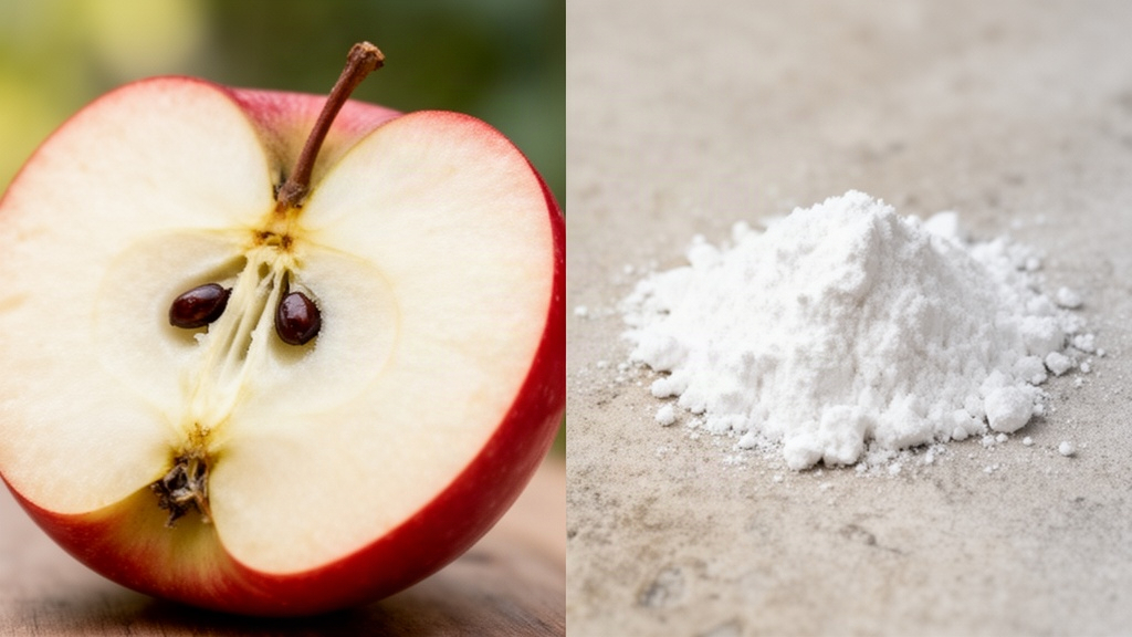 Composição comparativa entre o interior fresco de uma maçã cortada ao meio e uma pequena pilha de pó branco neutro sobre pedra, ilustrando a diferença entre fontes alimentares e isoladas