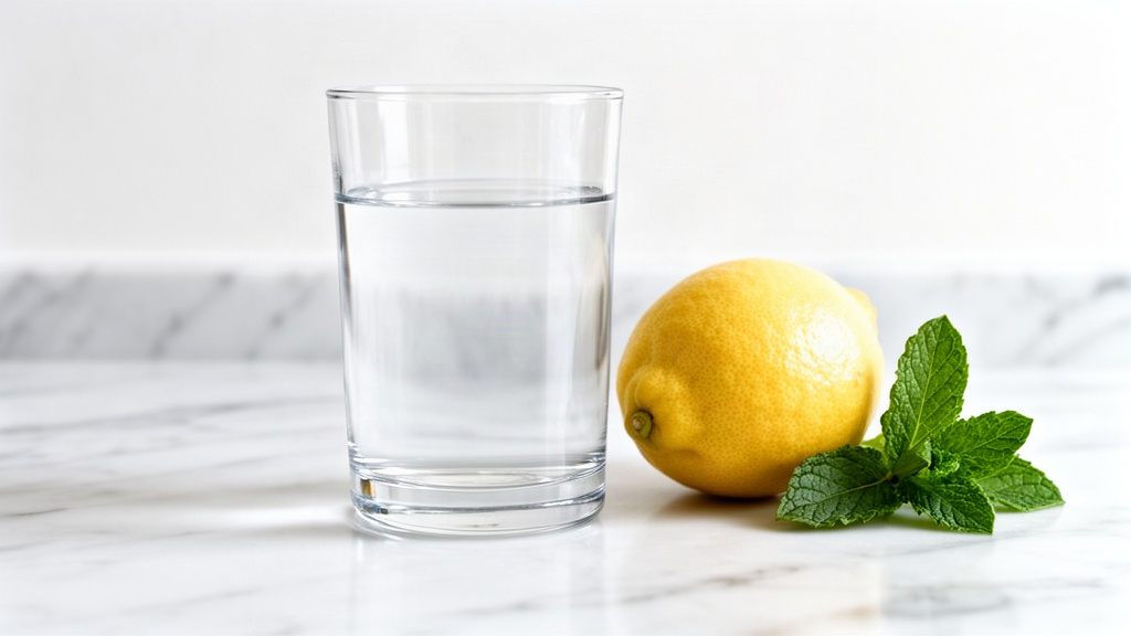 Copo de água transparente ao lado de um limão fresco inteiro e uma ramagem de hortelã sobre bancada de mármore branco, simbolizando simplicidade e segurança na escolha nutricional