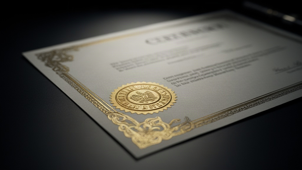 Detalhe de um certificado de qualidade selado sobre uma mesa escura, simbolizando verificação e padrões de fabricação sem mostrar textos ou logos.