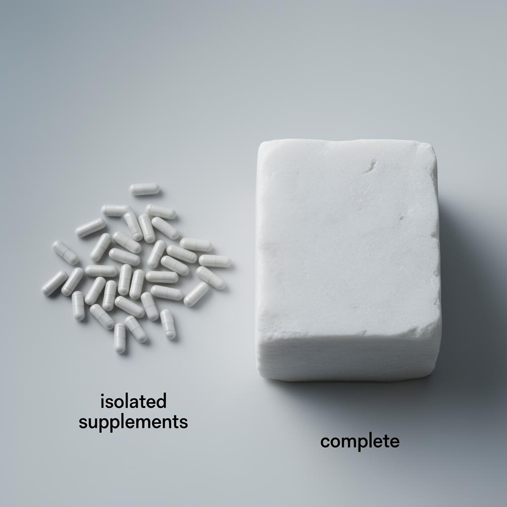 Comparação visual entre cápsulas isoladas e um bloco sólido e compacto, simbolizando a superioridade da proteína completa