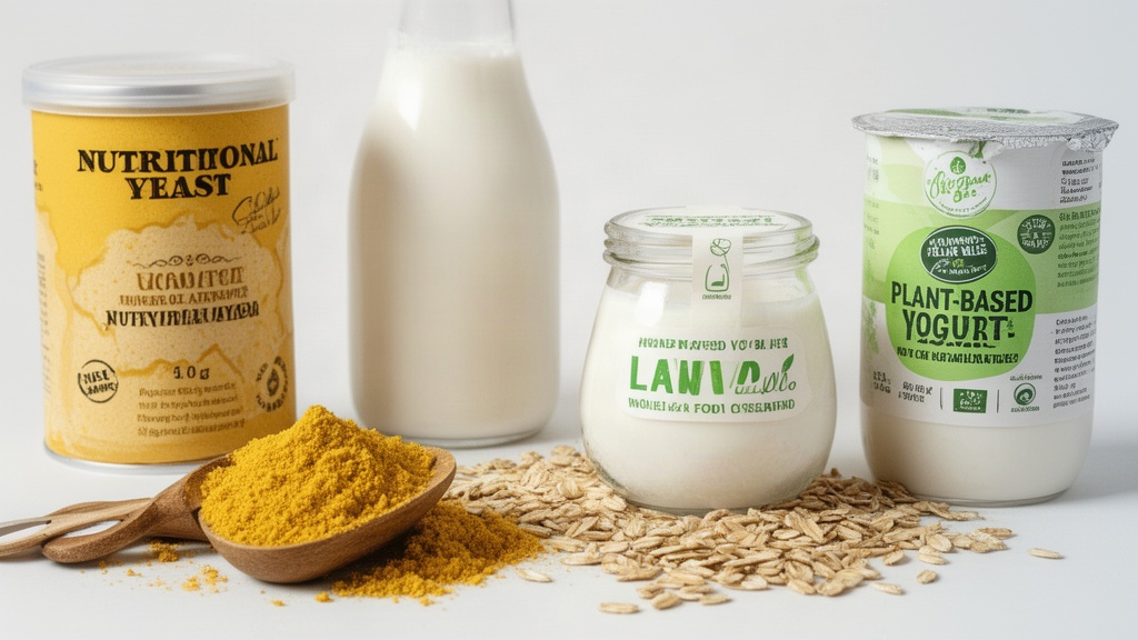 Variedade de alimentos vegetais fortificados, como levedura nutricional e bebidas vegetais, dispostos de forma organizada e esteticamente agradável