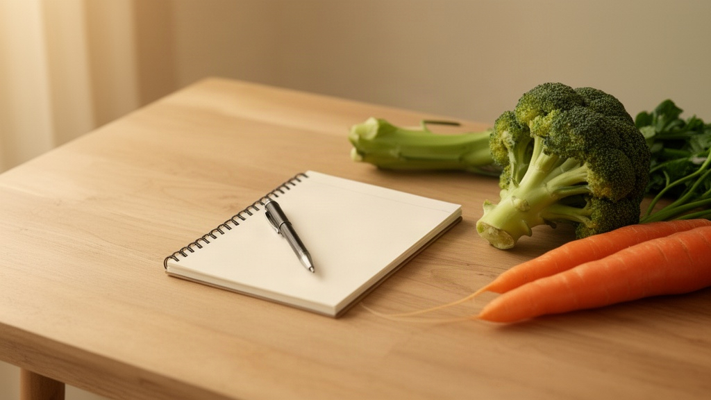 Composição minimalista de mesa com caderno, caneta e vegetais frescos, simbolizando planejamento alimentar consciente e seguro