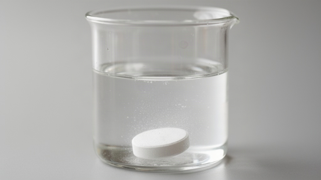 Vaso de vidro com água límpida e um comprimido branco dissolvendo-se suavemente, simbolizando análise científica e transparência em iluminação natural