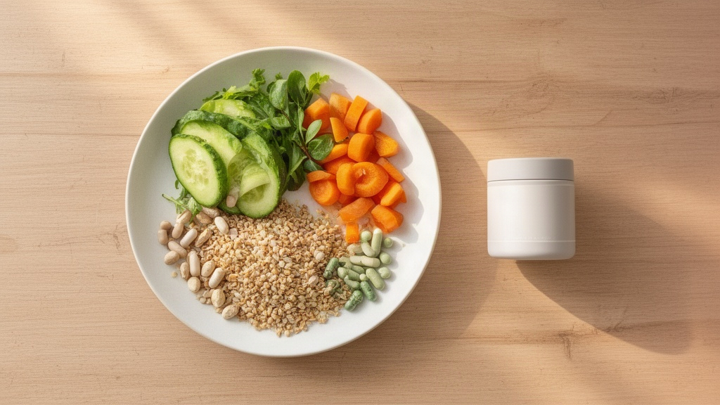 Visão de cima de um prato equilibrado com alimentos naturais ao lado de um frasco minimalista de suplemento, reforçando que o suplemento complementa, mas não substitui, uma alimentação saudável
