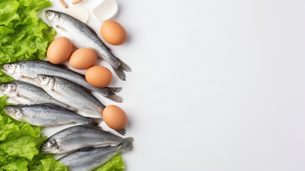 Seleção de alimentos ricos em nutrientes como peixe e ovos ao lado de um fundo limpo e vazio, destacando a preferência por fontes alimentares naturais em vez de produtos industriais.