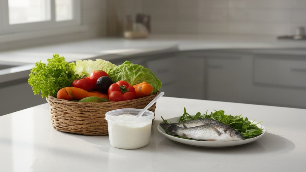 Mesa de cozinha organizada com cestas de vegetais frescos, iogurte e peixe, simbolizando a importância de uma rotina alimentar variada e equilibrada na saúde geral.