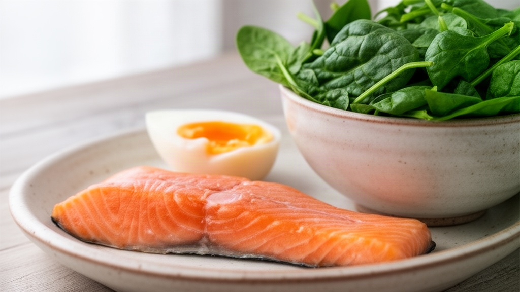 Prato com alimentos fontes de vitamina D, incluindo salmão, ovo e espinafre, iluminados por luz natural suave.