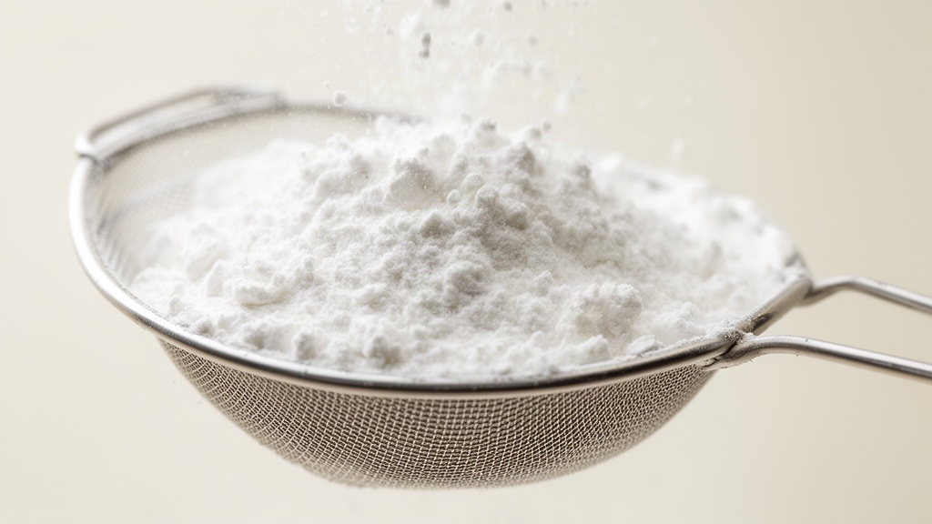 Detalhe em macro de pó de proteína branca sobre superfície neutra