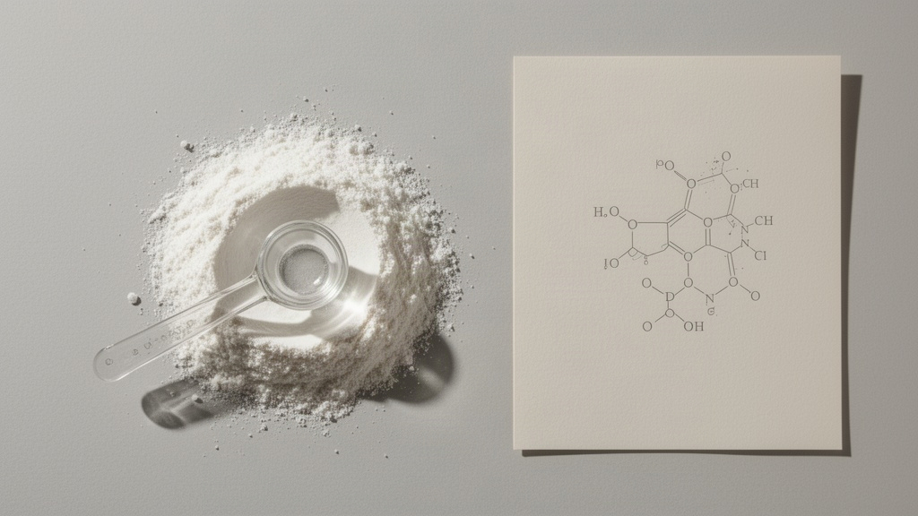 Colher de medida e pó de proteína sobre fundo neutro com gráfico molecular