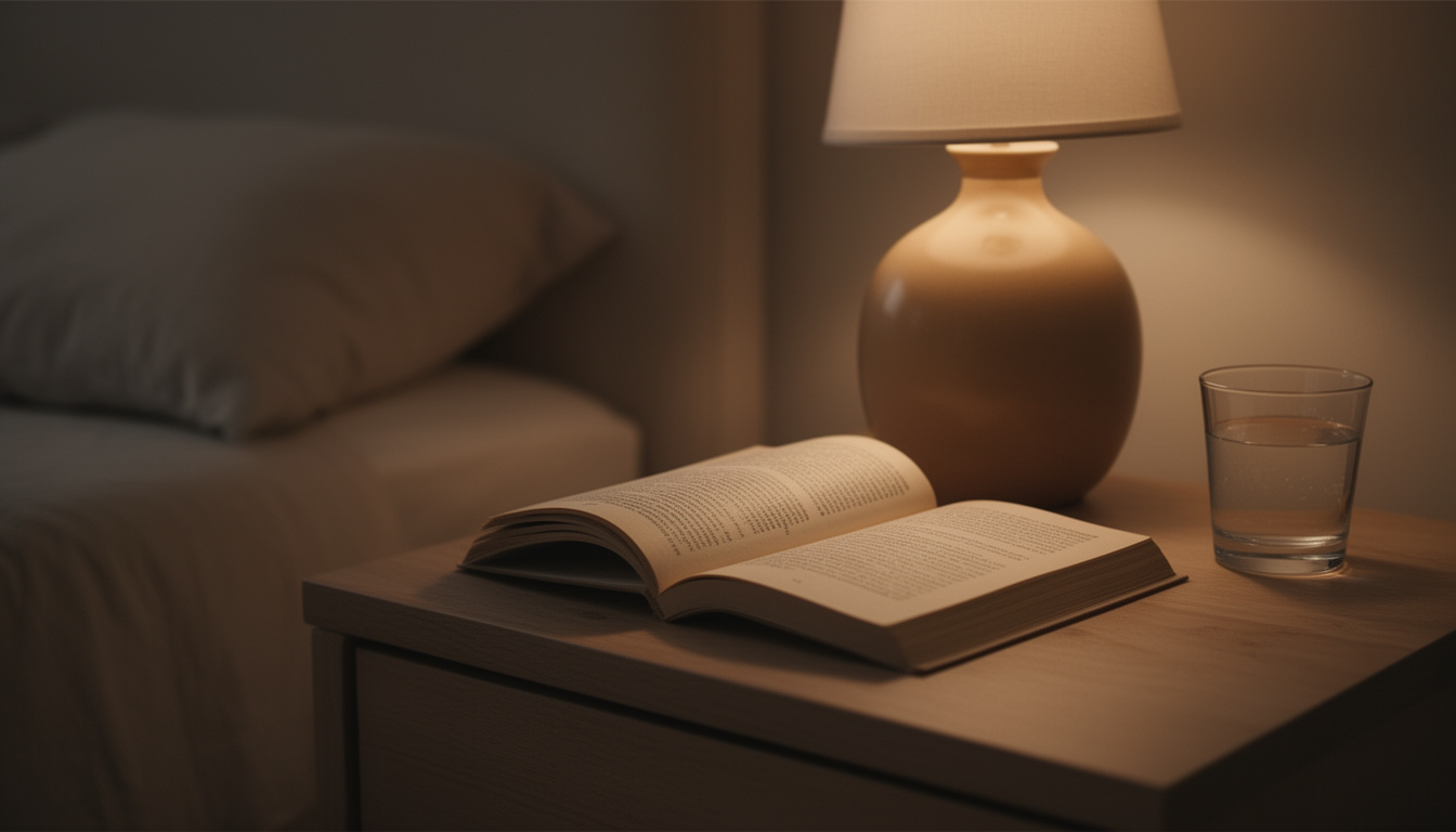 Mesa de cabeceira de quarto com luz suave, livro aberto e objeto discreto, simbolizando um ambiente livre de tecnologia e preparado para o sono.