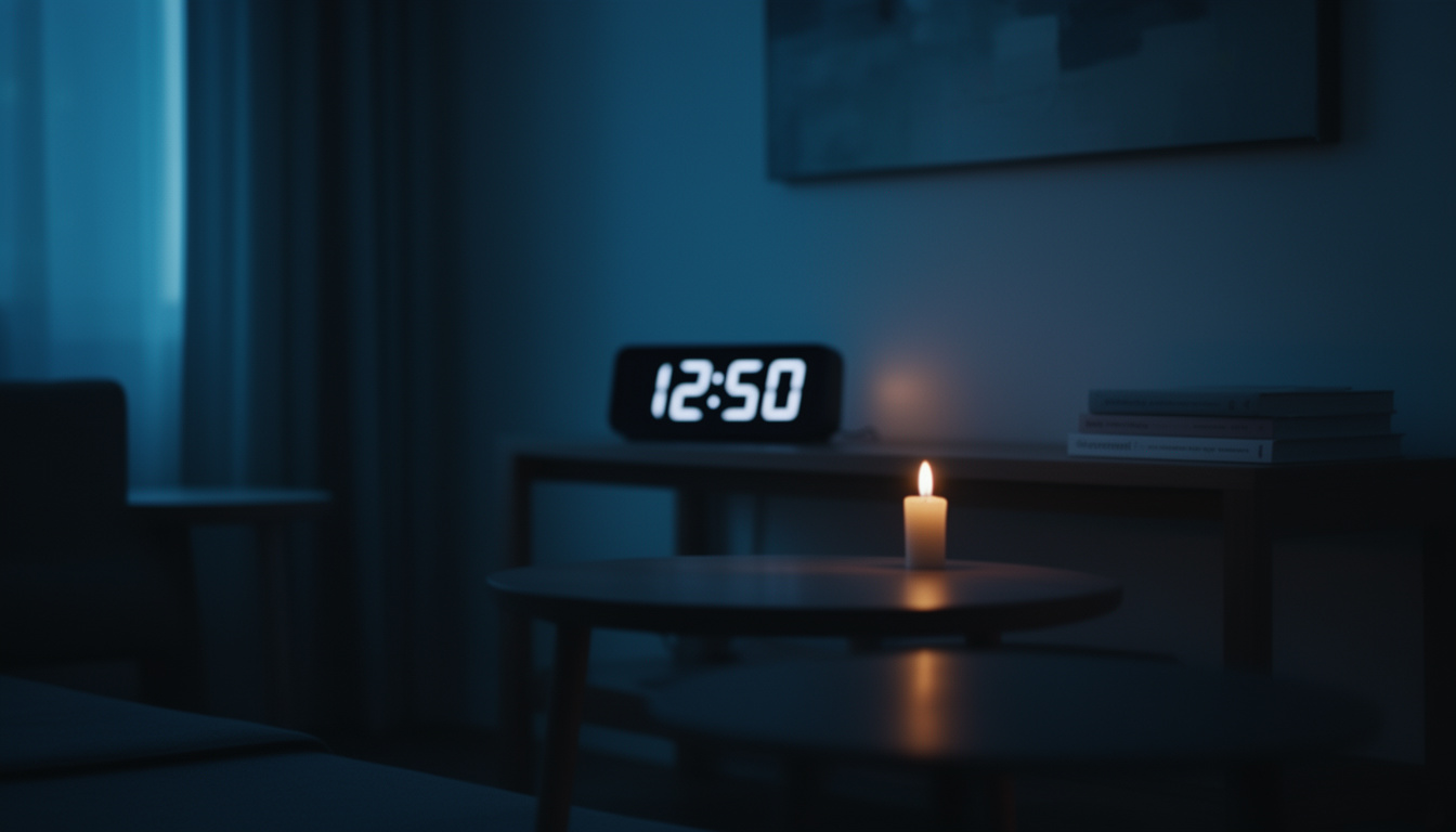 Ambiente doméstico à noite com iluminação azulada suave e relógio ao fundo desfocado, representando a monitorização tranquila do tempo sem ansiedade.