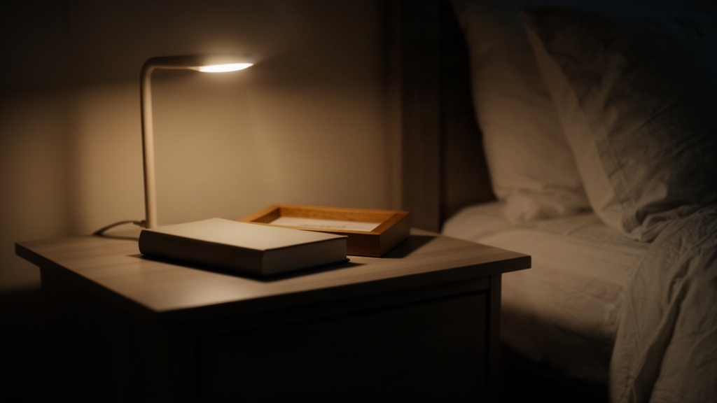 Mesa de cabeceira organizada com luz suave e livros, representando um ambiente livre de tecnologia e focado no descanso noturno.
