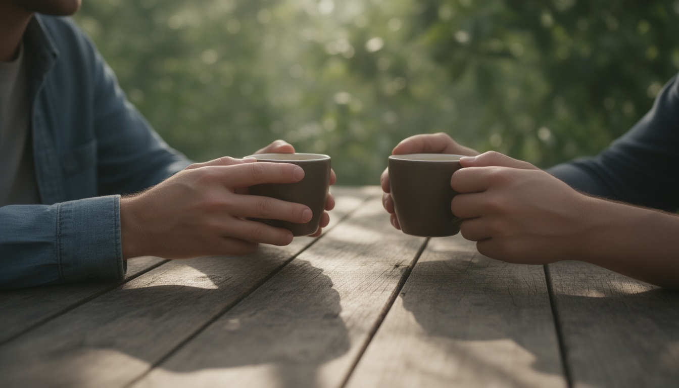 Pares de mãos segurando xícaras de café em uma mesa de madeira ao ar livre, simbolizando um encontro casual e descontraído entre amigos.