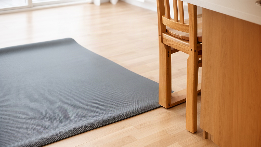 Ambiente seguro e organizado para prática de exercícios, com tapete antiderrapante sobre piso firme e apoio estável ao lado, sem obstáculos.
