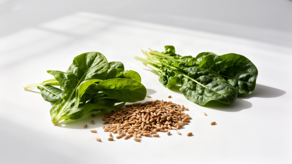 Composição minimalista de alimentos integrais e folhas verdes sobre superfície branca, representando a nutrição metabólica