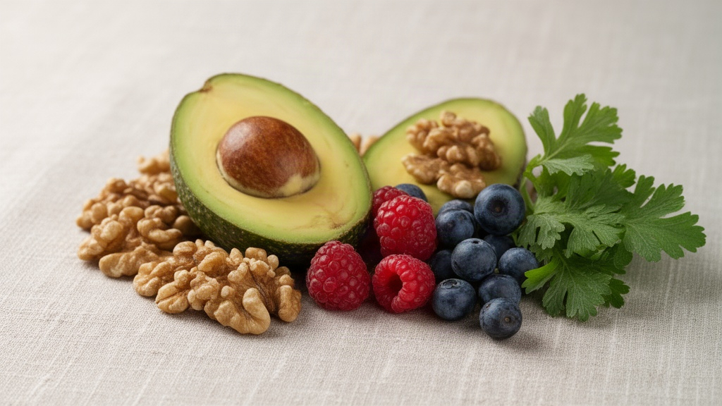Variety of whole foods like walnuts, avocado, and berries representing natural micronutrients for vascular and cognitive health.