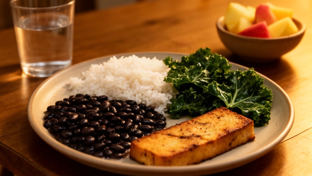 A balanced Brazilian meal with beans, rice, greens, and protein on a dinner table, illustrating practical daily nutritional adaptations.