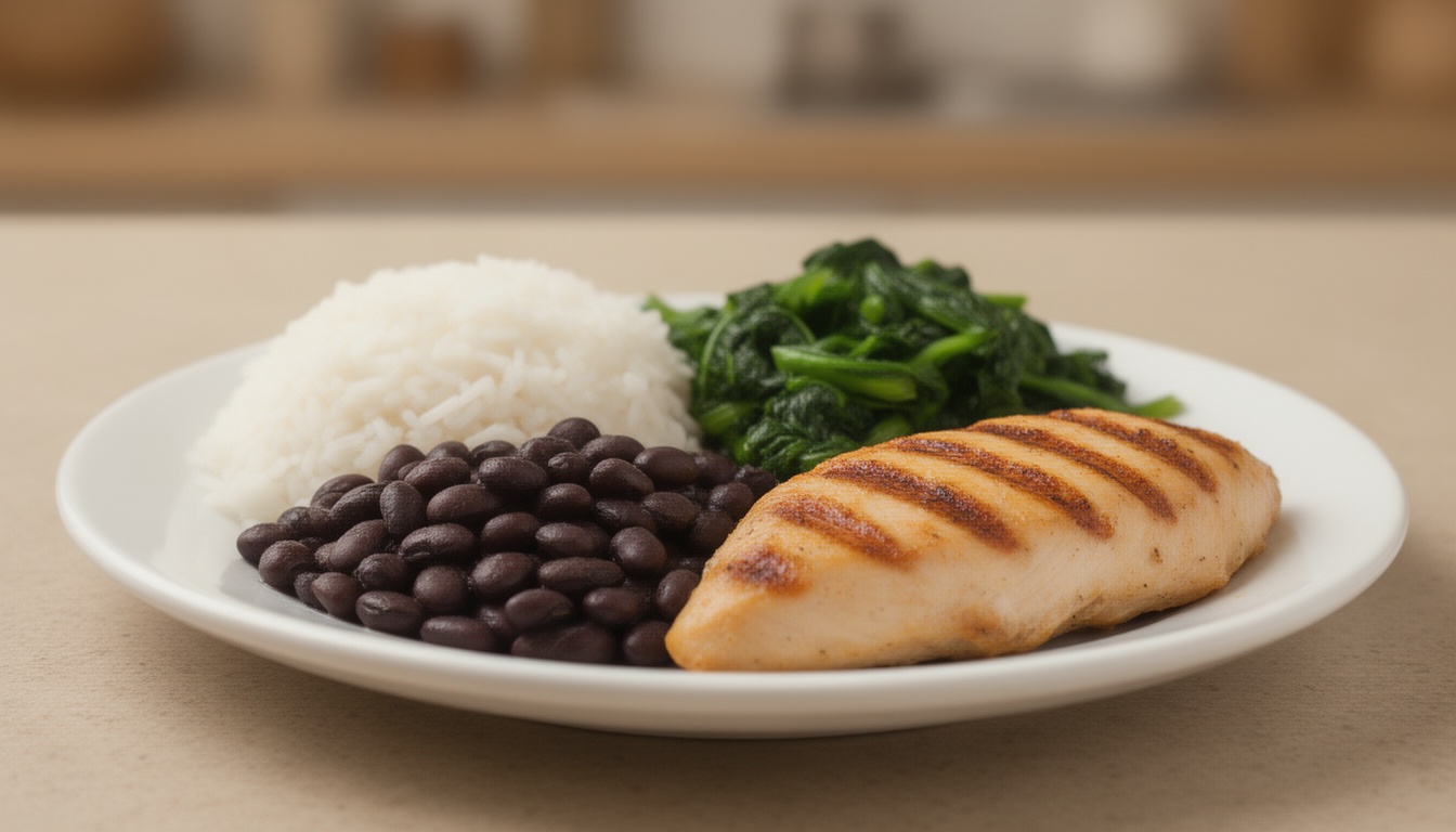 Prato de almoço brasileiro saudável com arroz, feijão, verduras e frango grelhado, destacado com iluminação natural suave para demonstrar uma refeição completa e equilibrada.