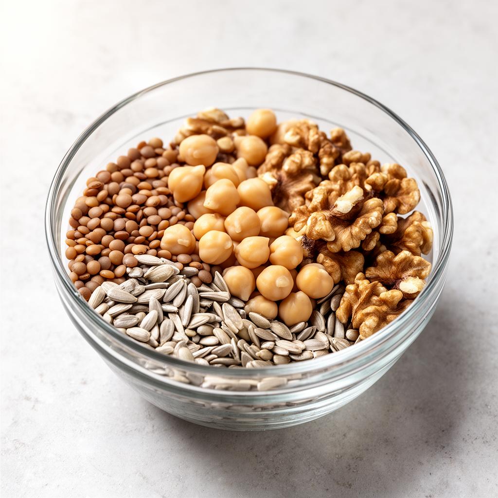 Close-up artístico de leguminosas e sementes frescas, como lentilhas e castanhas, ilustrando fontes vegetais de proteína e fibras em uma configuração natural e atraente.
