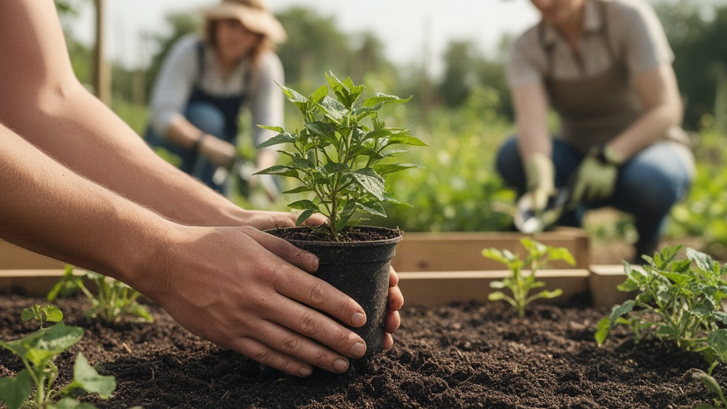 Mãos plantando uma muda em uma horta comunitária, simbolizando contribuição e pertencimento.
