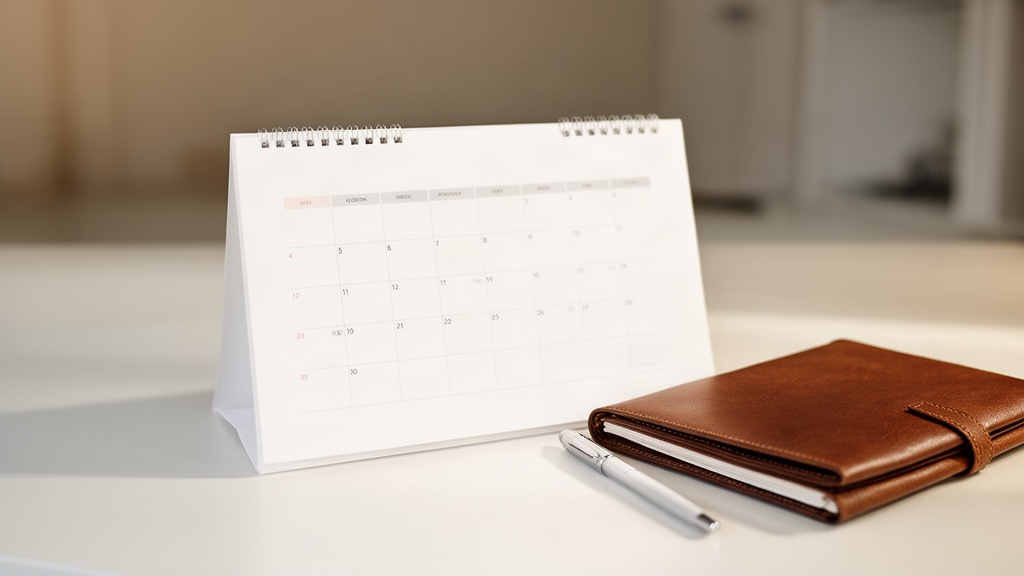 Calendário simples e caderno em uma mesa organizada, representando a importância da rotina de consultas e cuidados preventivos.