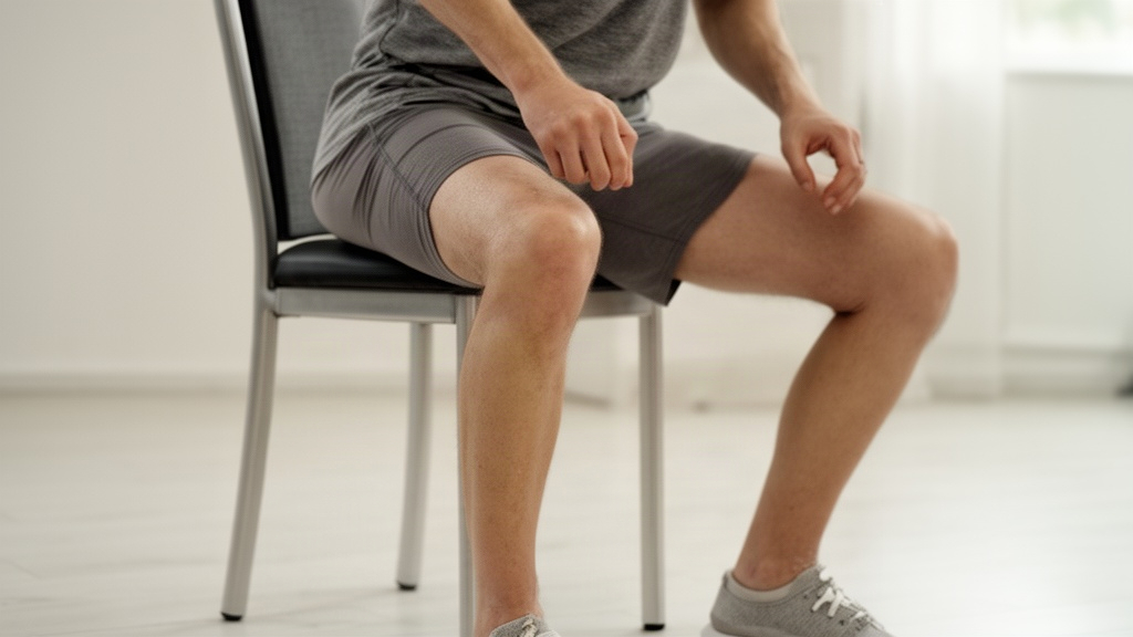 Primeiro plano de um adulto realizando movimento de agachamento assistido com cadeira firme, demonstrando alinhamento postural e equilíbrio