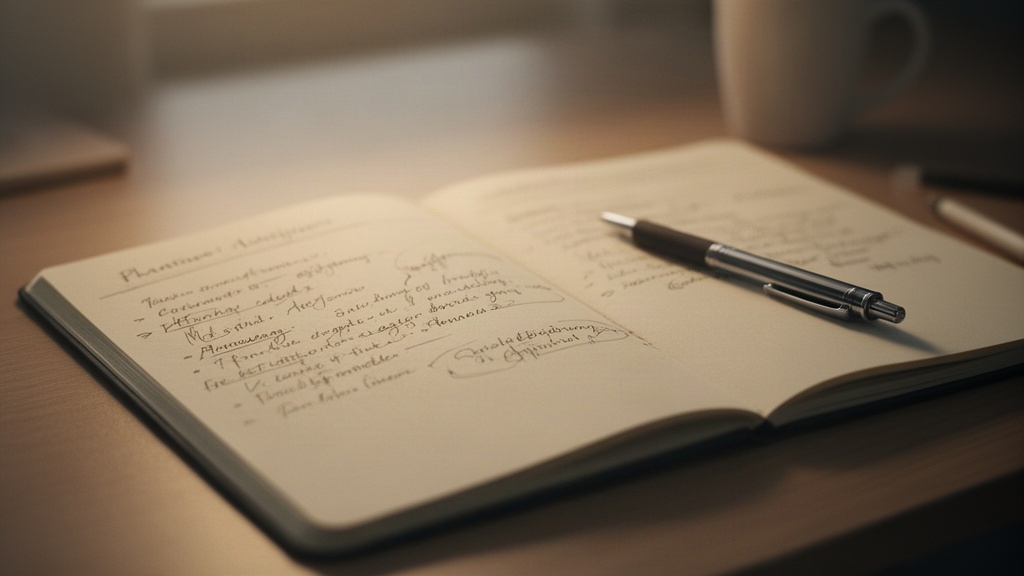 Caderno com anotações manuscritas e uma caneta sobre a mesa, indicando reflexão e ajuste de planos
