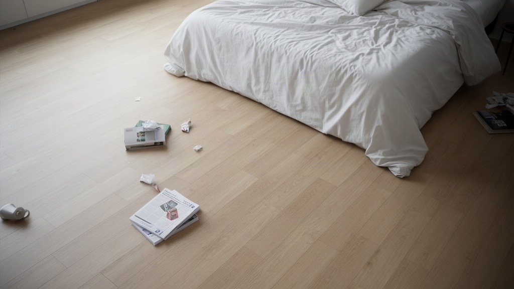 Sala de estar com itens espalhados ao fundo e uma cama arrumada ao fundo, simbolizando uma pausa na rotina