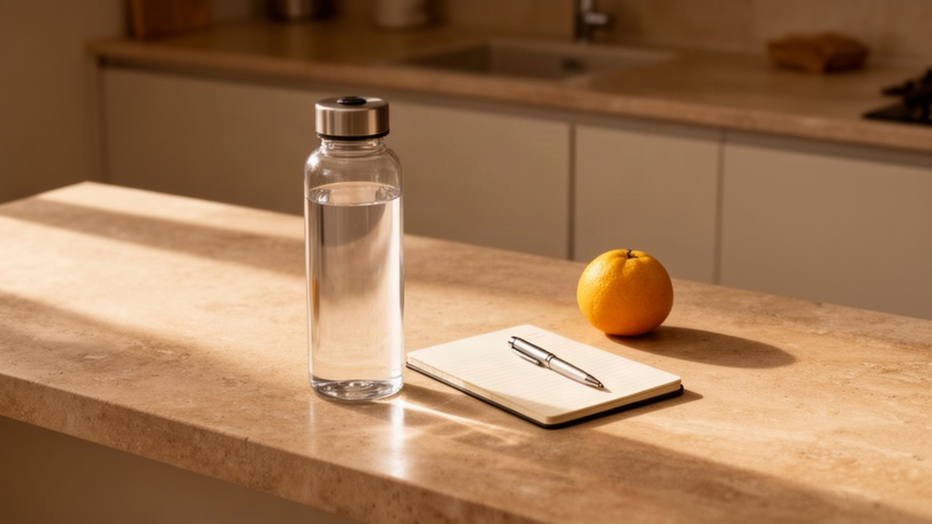 Simples organização de cozinha com garrafa de água e caderno, representando a facilidade de adaptar a rotina em dias difíceis.