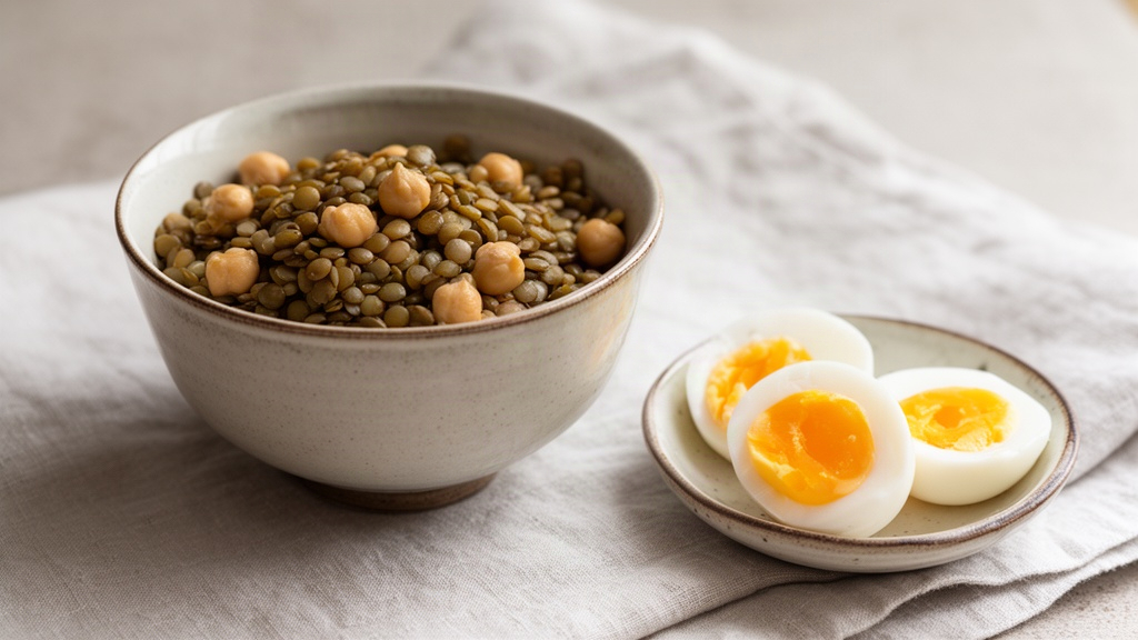 Pratos com fontes de proteína acessíveis como lentilha, grão-de-bico e ovos, dispostos de forma natural sobre tecido leve.