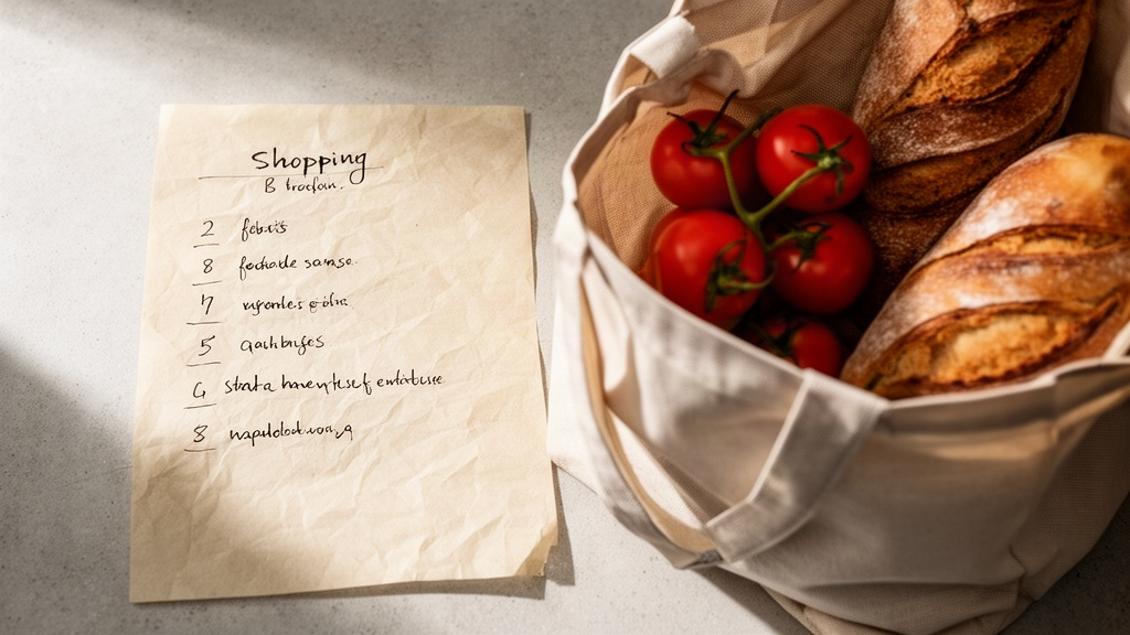 Lista de compras manuscrita ao lado de uma sacola de tela com vegetais frescos, simbolizando o planejamento simples de compras