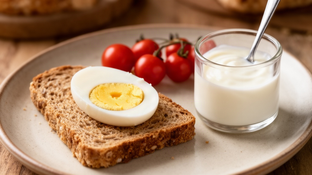 Sanduíche simples com ovo e tomate ao lado de um pote de iogurte, exemplo de combinação rápida e nutritiva