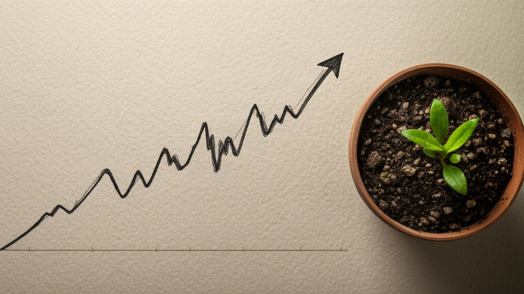 Gráfico desenhado à mão mostrando flutuações em uma tendência de crescimento, ao lado de uma planta com folhas novas, representando o progresso não linear.