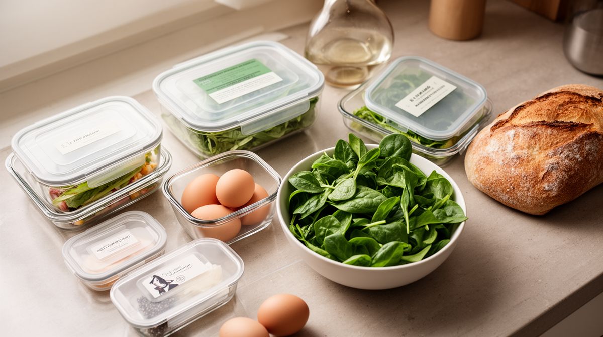 Contador de cozinha organizado com potes de vidro e ingredientes frescos como ovos e folhas, sugerindo preparação de refeições simples.