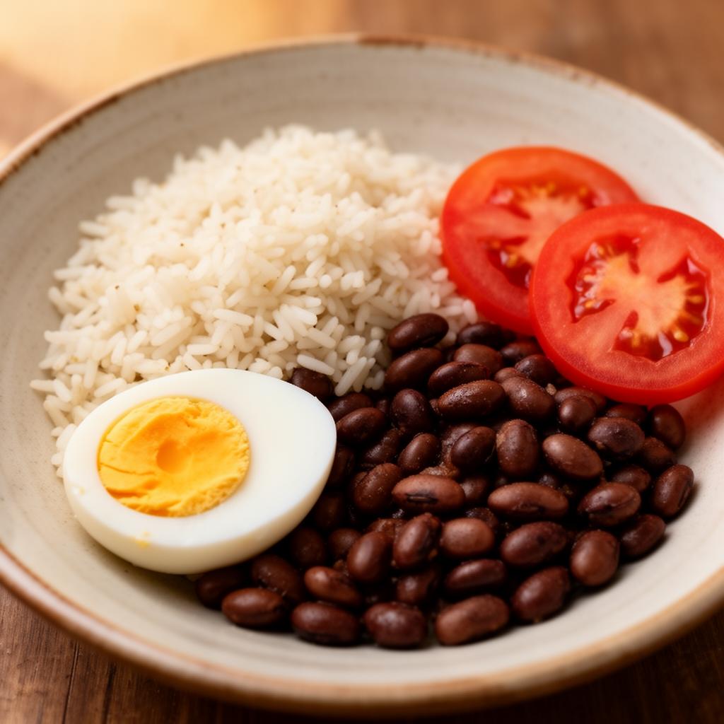 Prato simples com arroz, feijão, ovo cozido e tomate fatiado, representando uma refeição equilibrada e fácil de montar.