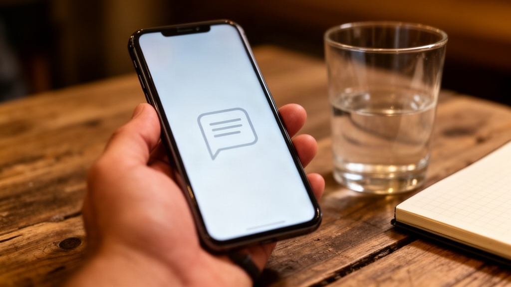 Mão segurando um smartphone sobre uma mesa de madeira, simbolizando comunicação e busca por apoio informal